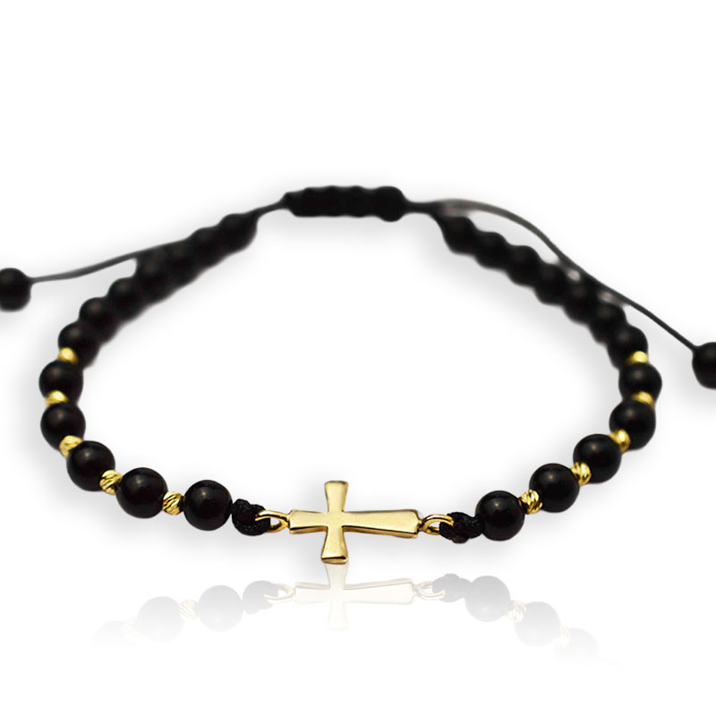 Злато на черен конец с оникс - Кръст